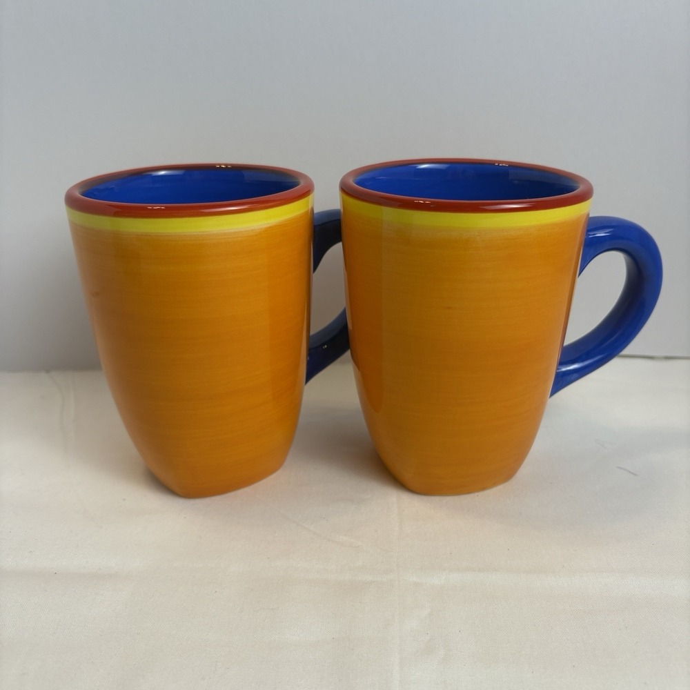 Dansk Caribe Bahama Blue Orange Hand-Painted Mugs, Set of 2 New